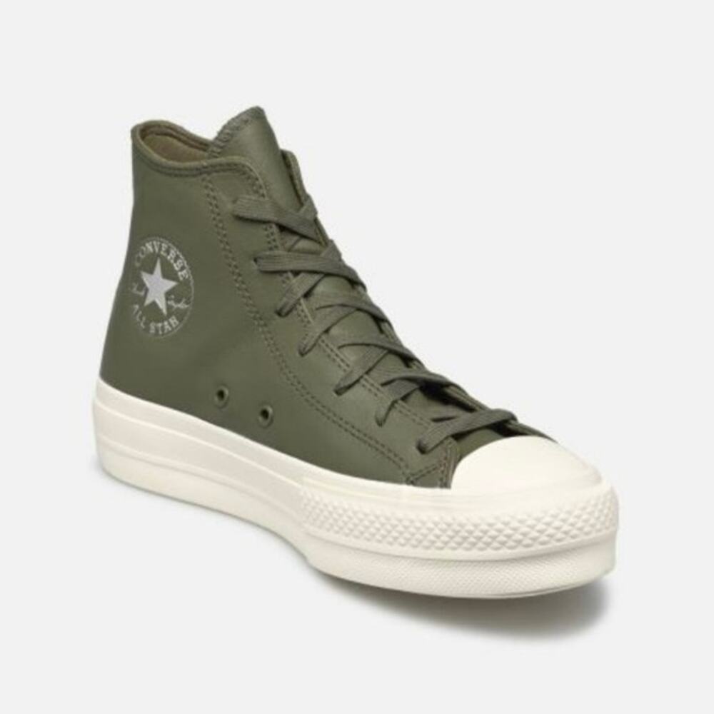 CONVERSE Women’s 7 Chuck Taylor All Star Lift Hi Shoes Platform Green Leather